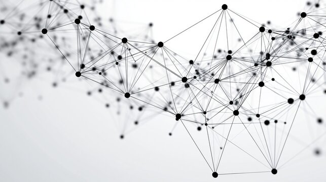 Abstract digital network with interconnected black nodes and lines forming complex geometric structures on a clean white professional background surface