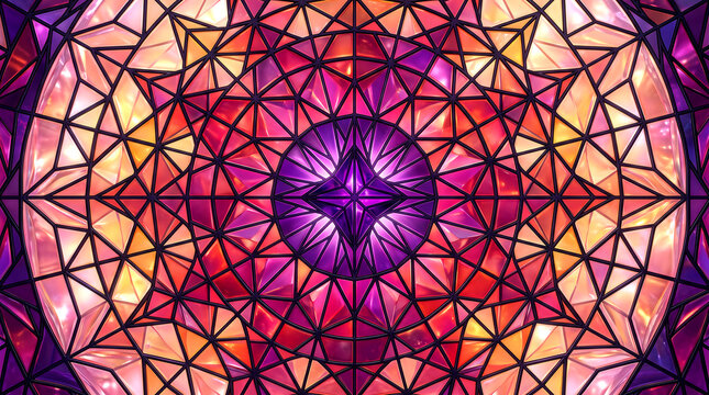 Geometric stained glass design with vibrant purple and orange background and pattern and abstract