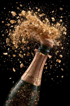 Champagne bottle exploding with gold confetti celebration, vertical