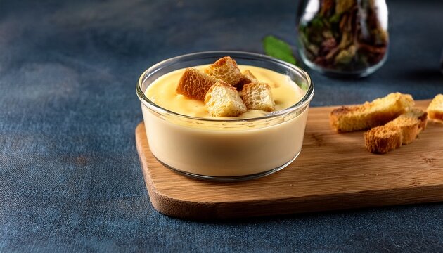 a glass bowl of creamy pudding with croutons on top and on a wooden board
