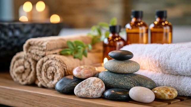 Smooth river stones, folded linen towels, and amber essential oil bottles arranged as symbolic still life on warm-lit timber shelf inside spa treatment room, school-funding scarcity contrasted by lu