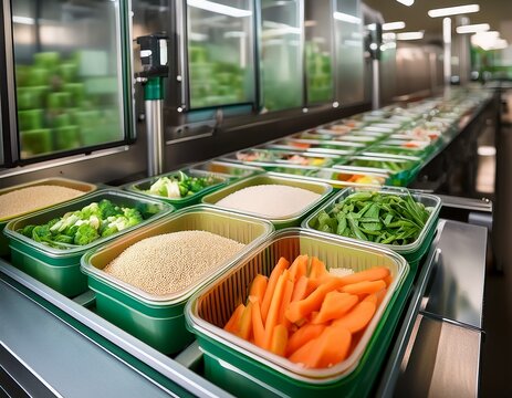food production line with pre portioned meals of vegetables and grains
