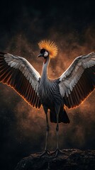 Obraz premium Beautiful crowned crane bird with wings spread in dark mood