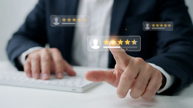 A businessman reviews customer satisfaction by selecting stars on a digital interface. The interface displays user icons and rating bars, indicating a feedback system