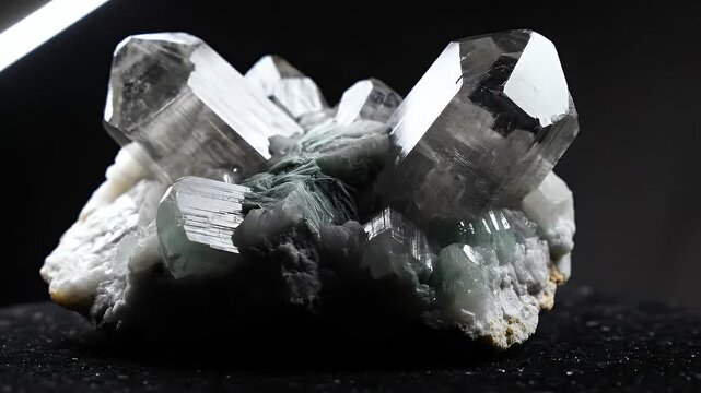 Macro shot of a striking cluster of clear quartz crystals with a pale blue mineral specimen on a dark background