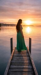 Fototapeta premium Woman in green dress on pier at sunset horizon.