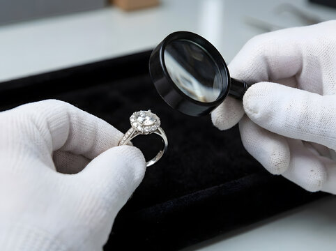 Jeweler Wearing White Gloves Inspecting Diamond Engagement Ring with Loupe | Close Up of Jeweler Examining Diamond Halo Ring with Magnifying Glass | Expert Jewelry Inspection of Silver Diamond Ring
