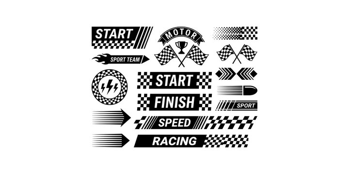 Racing sport team logos and icons set for start finish speed and motor racing themes featuring checkered flags and trophy.