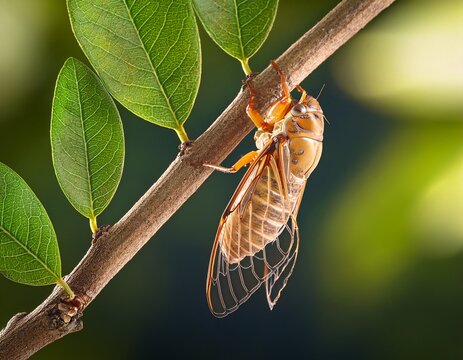 cicada emerging from its exoskeleton on a leafy branch