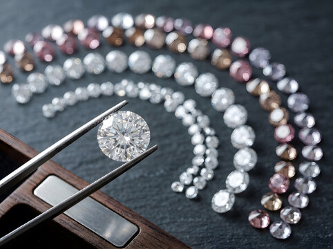 Tweezers Holding Brilliant Round Cut Diamond over Curved Gemstone Rows | Jeweler Holding Sparkling Round Cut Diamond with Metal Tweezers | Close Up of Brilliant Diamond Held in Tweezers over Gemstone 