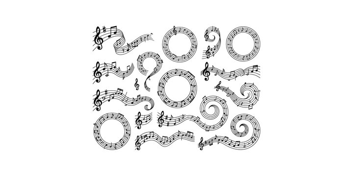 Decorative musical elements and ornate staff lines with notes and clefs creating elegant swirling patterns.