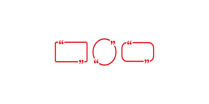 Red quotation mark frames in rectangular, circular, and rounded shapes, used for dialogue or citations on a transparent checkered background.