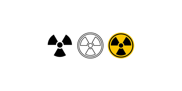Radioactive hazard symbols set featuring black silhouettes outline and yellow circular warning signs for nuclear energy safety alerts.