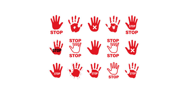Stop hand sign icons collection with red grunge textures and various styles for prohibited warning safety alerts and restricted zones.