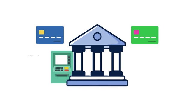 Animated vector icon set depicting modern banking services. A classic bank building architecture is framed by an ATM machine and credit cards.