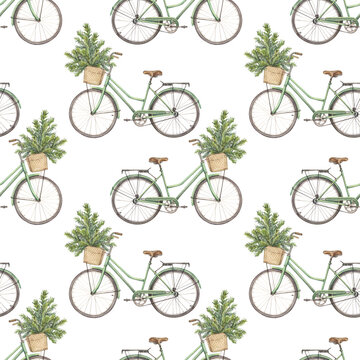 Watercolor seamless pattern with bicycle and green Christmas tree in basket on white background. Forest evergreen fir or pine for sticker. Realistic hand-drawn art for New Year wrapping or wallpaper