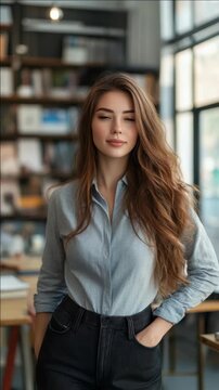 A woman in an office setting with bookshelves and a window. She is wearing a light blue button-up shirt and dark pants. The has a professional and relaxed vibe.