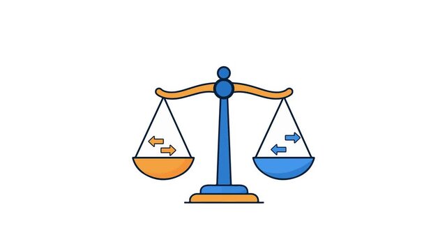 Flat animated line art illustration of a balance scale tilting back and forth.