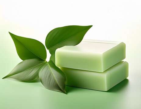 a bar of soap next to a green leaf