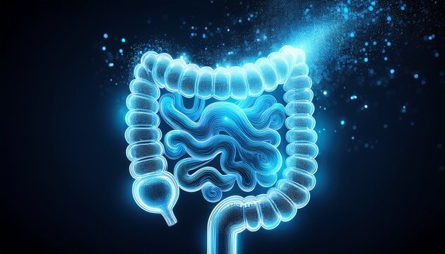 a glowing blue digestive system dissolves into particles symbolizing gut health research