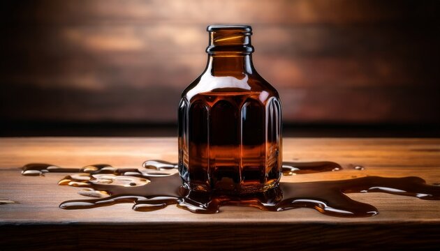 a dark glass bottle on a wooden counter with liquid spilled all over it