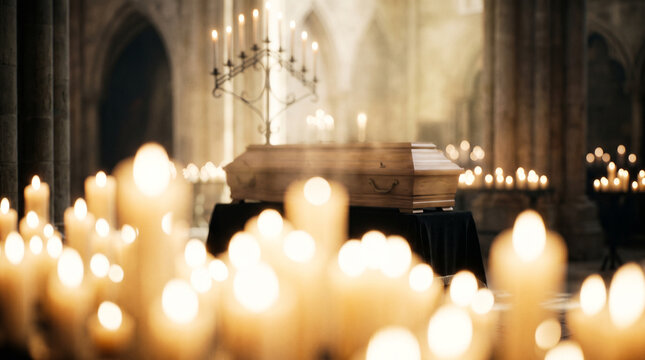 Ethereal funeral service with a wooden coffin and burning candles inside a historic church.