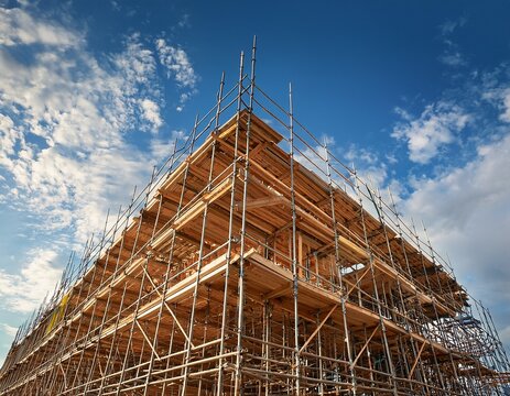 construction site with wooden scaffolding and blue sky with clouds