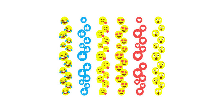 Stream of yellow smiley face emojis blue thumbs up and red hearts for expressing positive reactions on social media.
