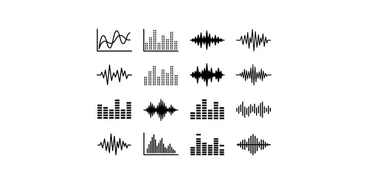 Audio waves and sound equalizer set black vector icons on transparent background, symbolizing music, voice, and podcast.