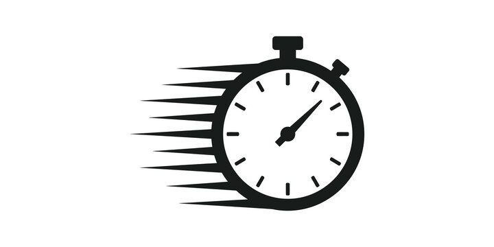 Black stopwatch fast time icon representing speed quickly and deadline for business sports and productivity concept.