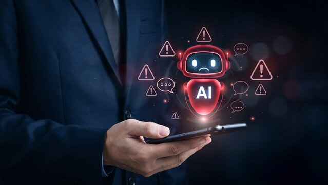 A businessman holding a smartphone displaying a sad robot icon, surrounded by warning signs, symbolizing artificial intelligence issues.