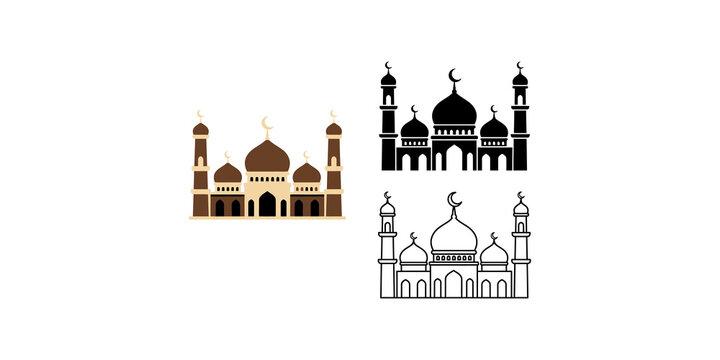 Three variations of mosque islamic prayer building for ramadan eid and religious cultural celebrations.