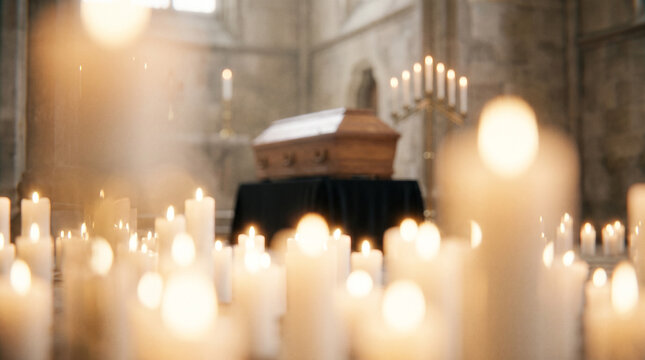 Ethereal funeral service with a wooden coffin and burning candles inside a historic church.