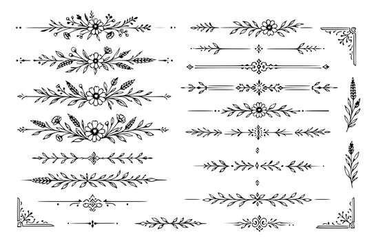 Floral dividers and elegant botanical borders are illustrated in black ink on a plain white background.