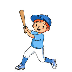 cartoon boy batting baseball in blue uniform