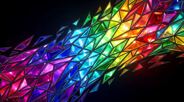 Polygons flowing across canvas with stained glass background in vibrant rainbow colors and geometric
