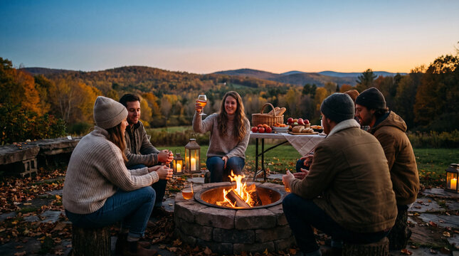 Friends celebrating autumn equinox around a campfire in nature  