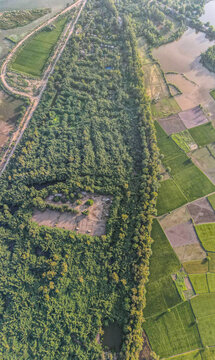 Aerial view of Rana Resort Safari Park surrounded by lush forest, agricultural fields, and ponds in Phool Nagar, Punjab, Pakistan.
