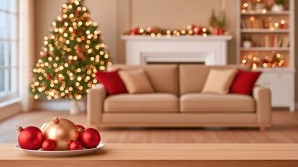 Fototapeta premium Cozy living room scene with Christmas tree and festive ornaments on wooden table