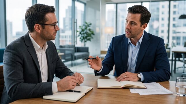 Two professional businessmen discussing financial strategies during a meeting in a modern office