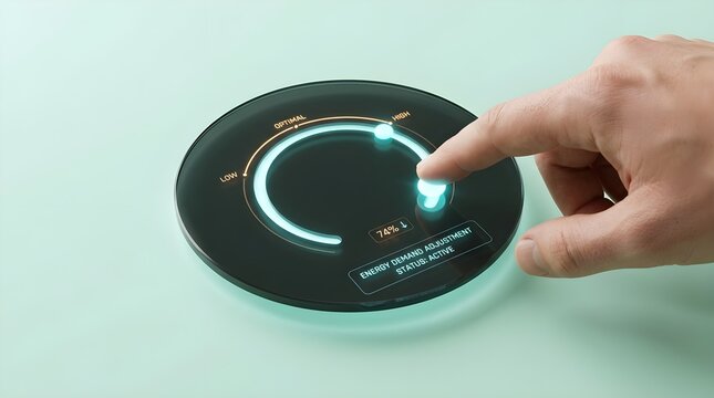 Close-up of a human hand adjusting a glowing circular energy demand adjustment dial on a smart glass interface, featuring levels from low to high for residential power management.