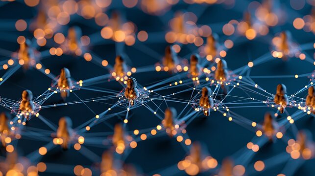 Intricate network of small human figures connected by glowing digital lines captured in soft focus with vibrant warm bokeh lights
