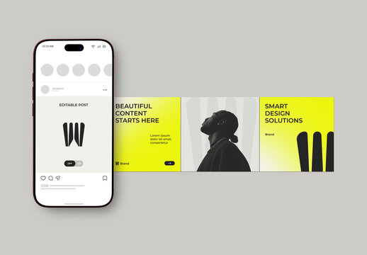 Social Media Post Mockup with Mobile Screen PSD Template