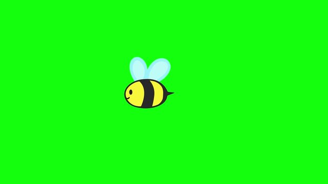 Animation of a winged bee, flying bee, confused bee searching for food, cartoon/comic style, green background, 4K video.
