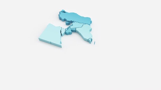 3D animated map of the Middle East, blue map on white background with smooth camera movement.