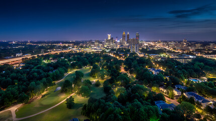 Fototapeta premium Cityscape with park and golf course at twilight aerial view
