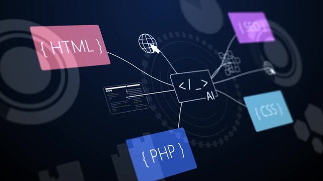 infographic animation, web development and web design concept, keywords and icons connected with lines, team work and collaboration, software development process.