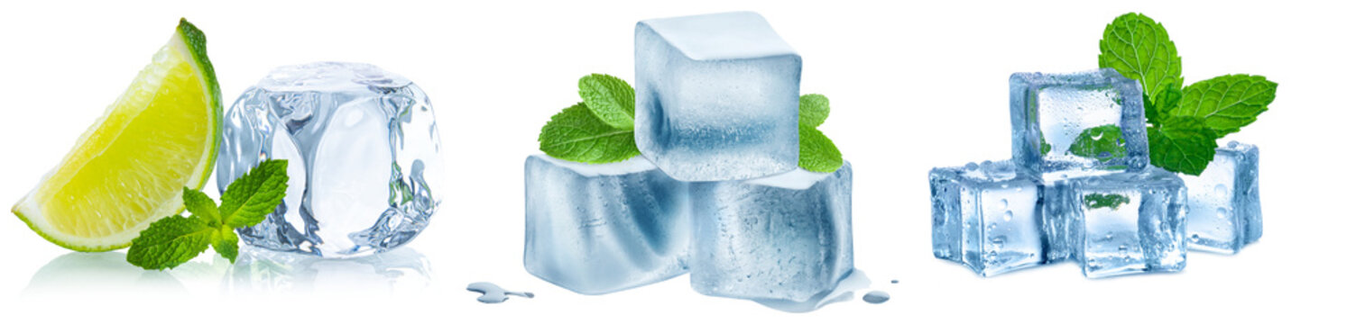Refreshing photograph of ice cubes with fresh lime and vibrant mint leaves, perfect for cool beverage advertisements.