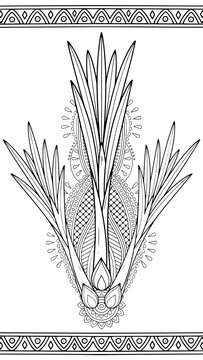 Ornamental Floral Motif with Symmetrical Leaves and Geometric Borders