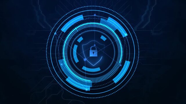 Glowing blue padlock icon inside shield and HUD circle interface on dark background, blue neon HUD tech ring with lock symbol surrounded by circuit lines for data encryption.